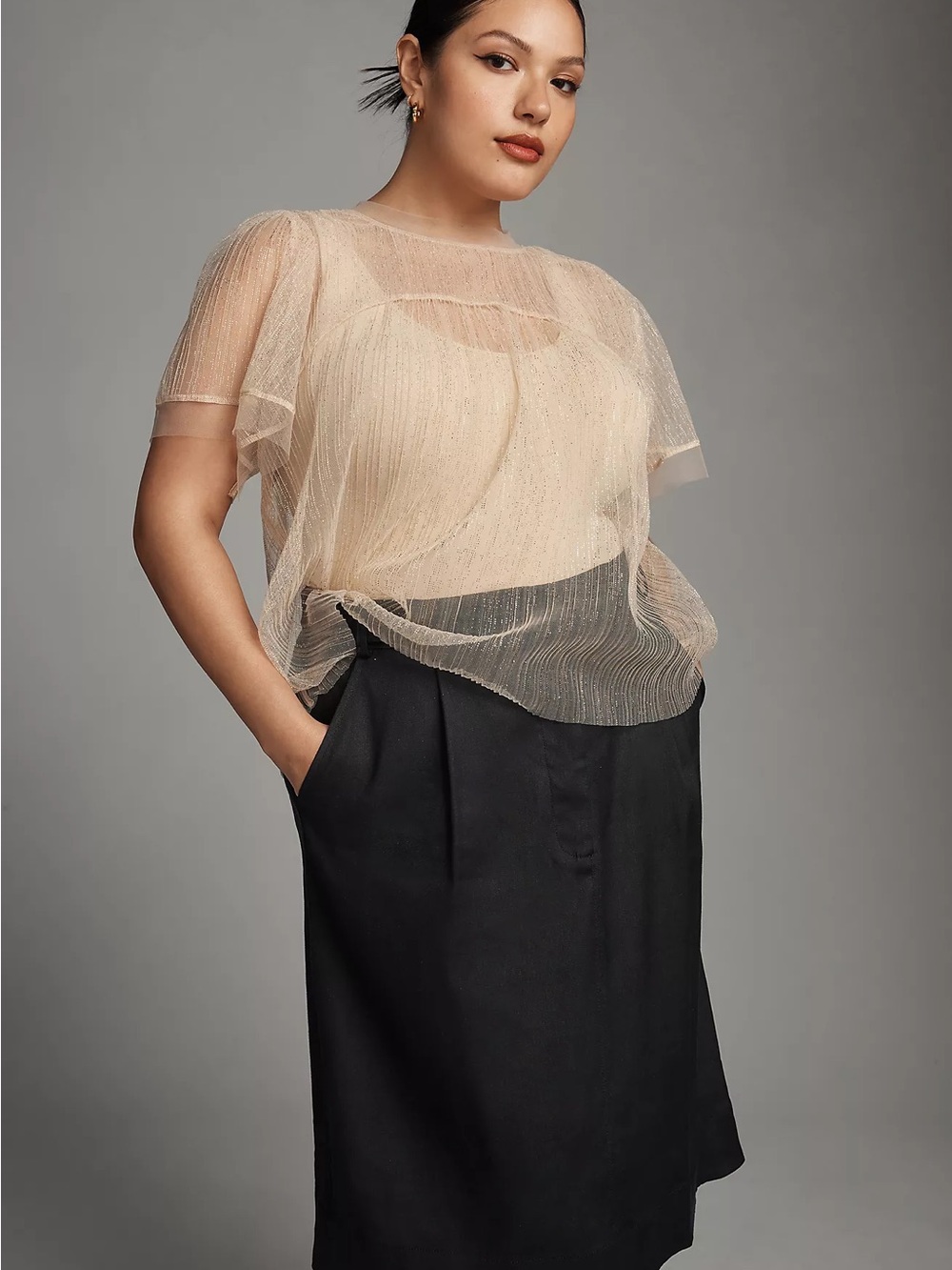 Anthropologie Sheer Taupe Sparkly Short-Sleeve Layered Blouse